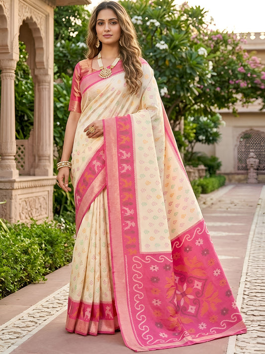 Women's Pochampally Silk Saree With Unstitched Blouse Piece