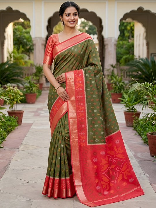Women's Pochampally Silk Saree With Unstitched Blouse Piece