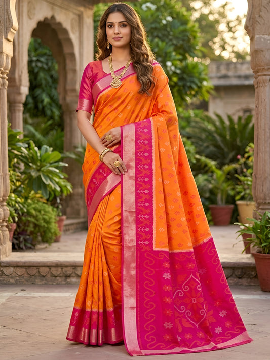 Women's Pochampally Silk Saree With Unstitched Blouse Piece