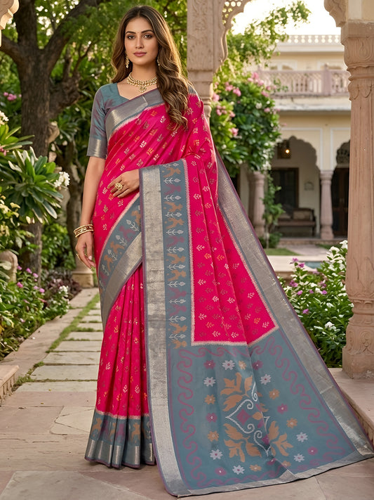 Women's Pochampally Silk Saree With Unstitched Blouse Piece