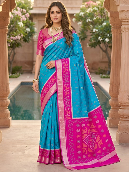 Women's Pochampally Silk Saree With Unstitched Blouse Piece