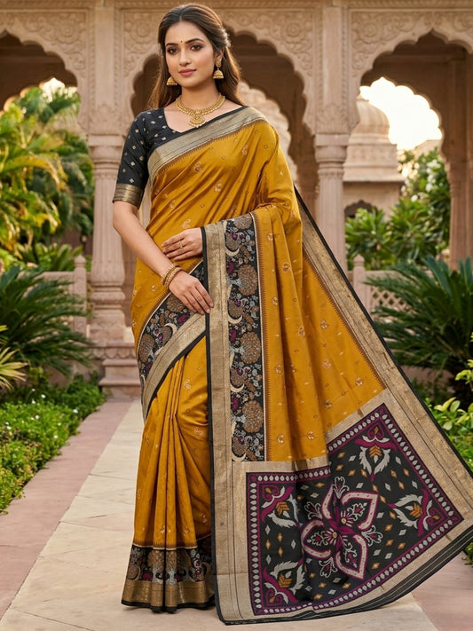 Women's Pochampally Silk Saree With Unstitched Blouse Piece