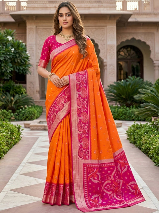 Women's Pochampally Silk Saree With Unstitched Blouse Piece