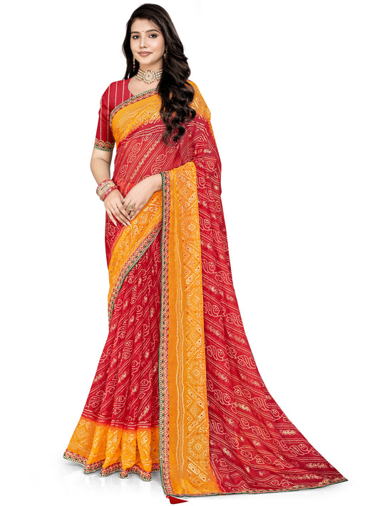 Women's Georgette Bandhani Print Saree With Unstitched Blouse Piece