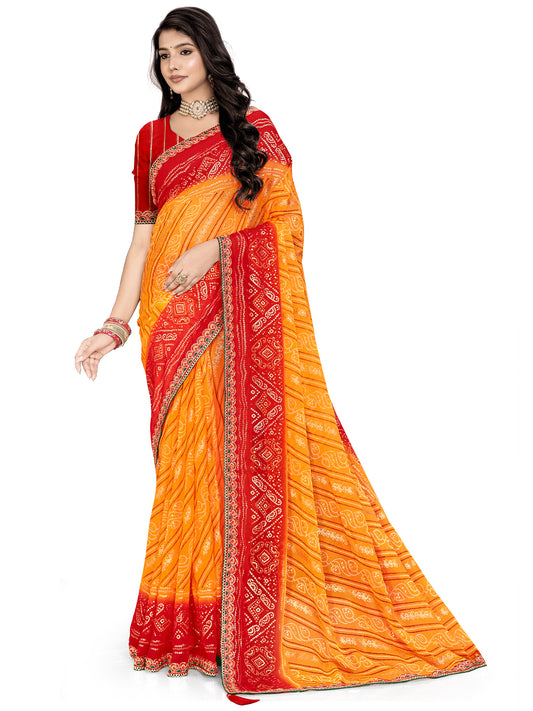 Women's Georgette Bandhani Print Saree With Unstitched Blouse Piece
