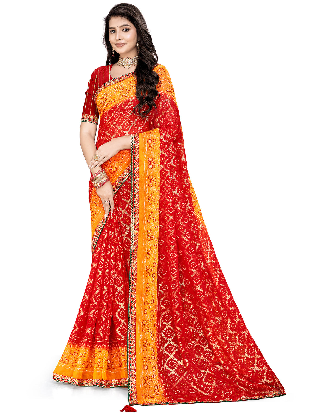 Women's Georgette Bandhani Print Saree With Unstitched Blouse Piece