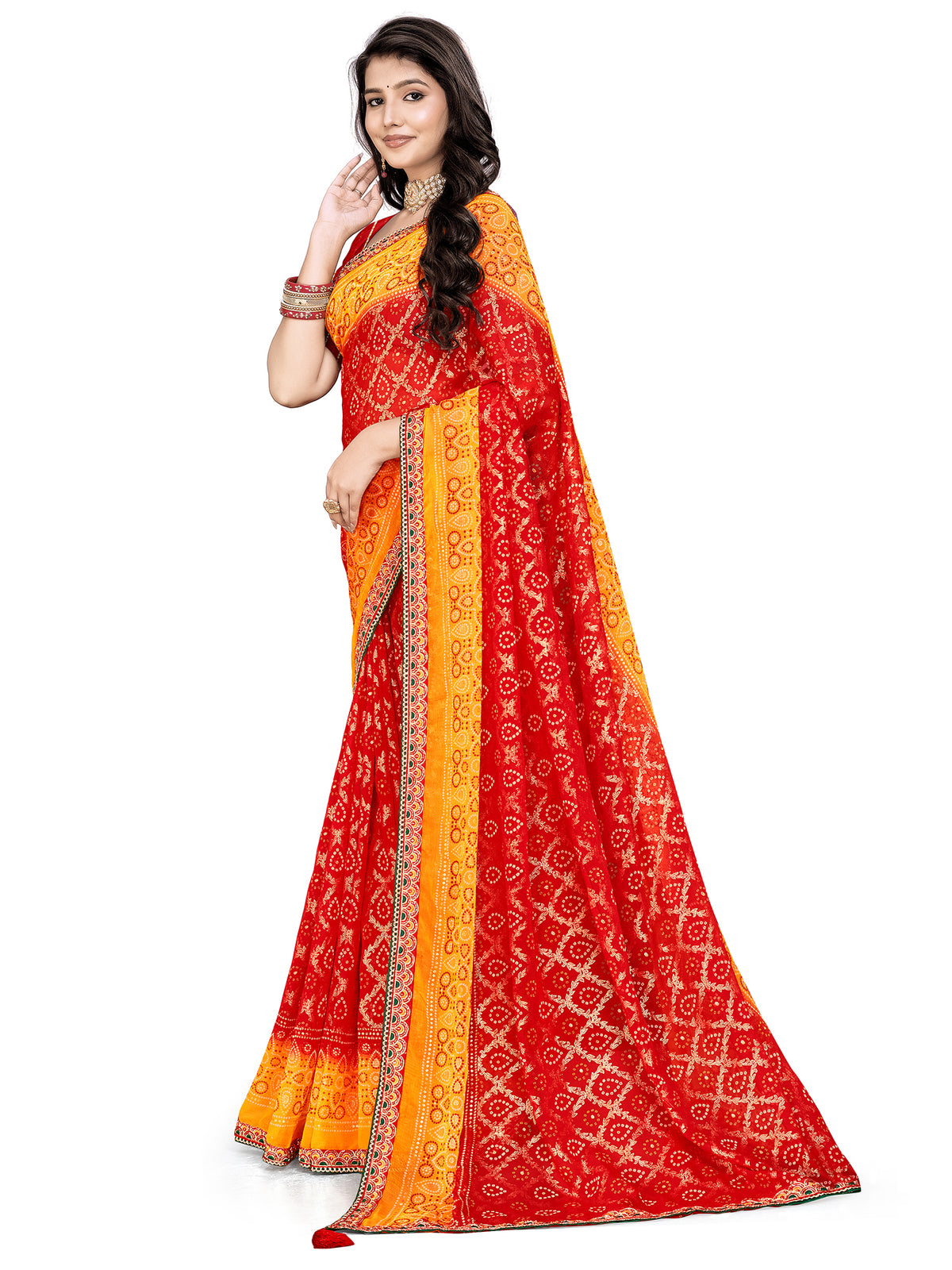 Women's Georgette Bandhani Print Saree With Unstitched Blouse Piece