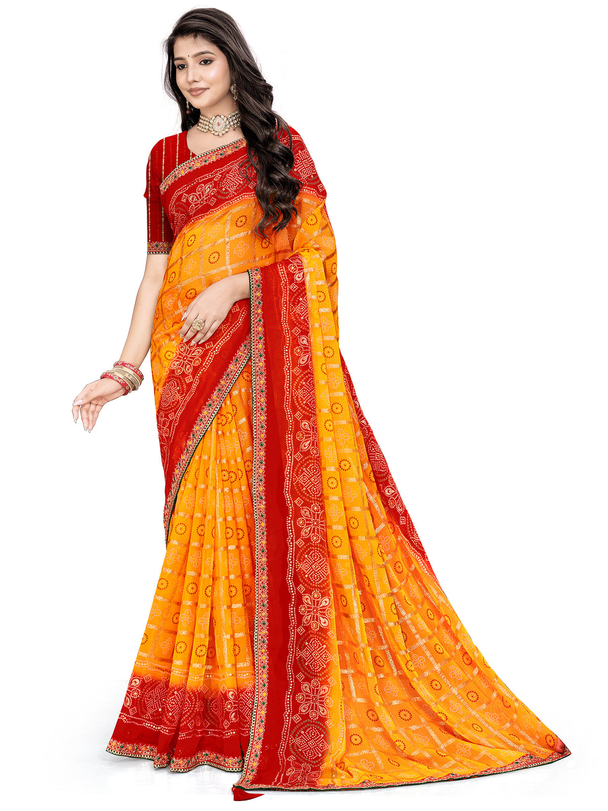 Women's Georgette Bandhani Print Saree With Unstitched Blouse Piece