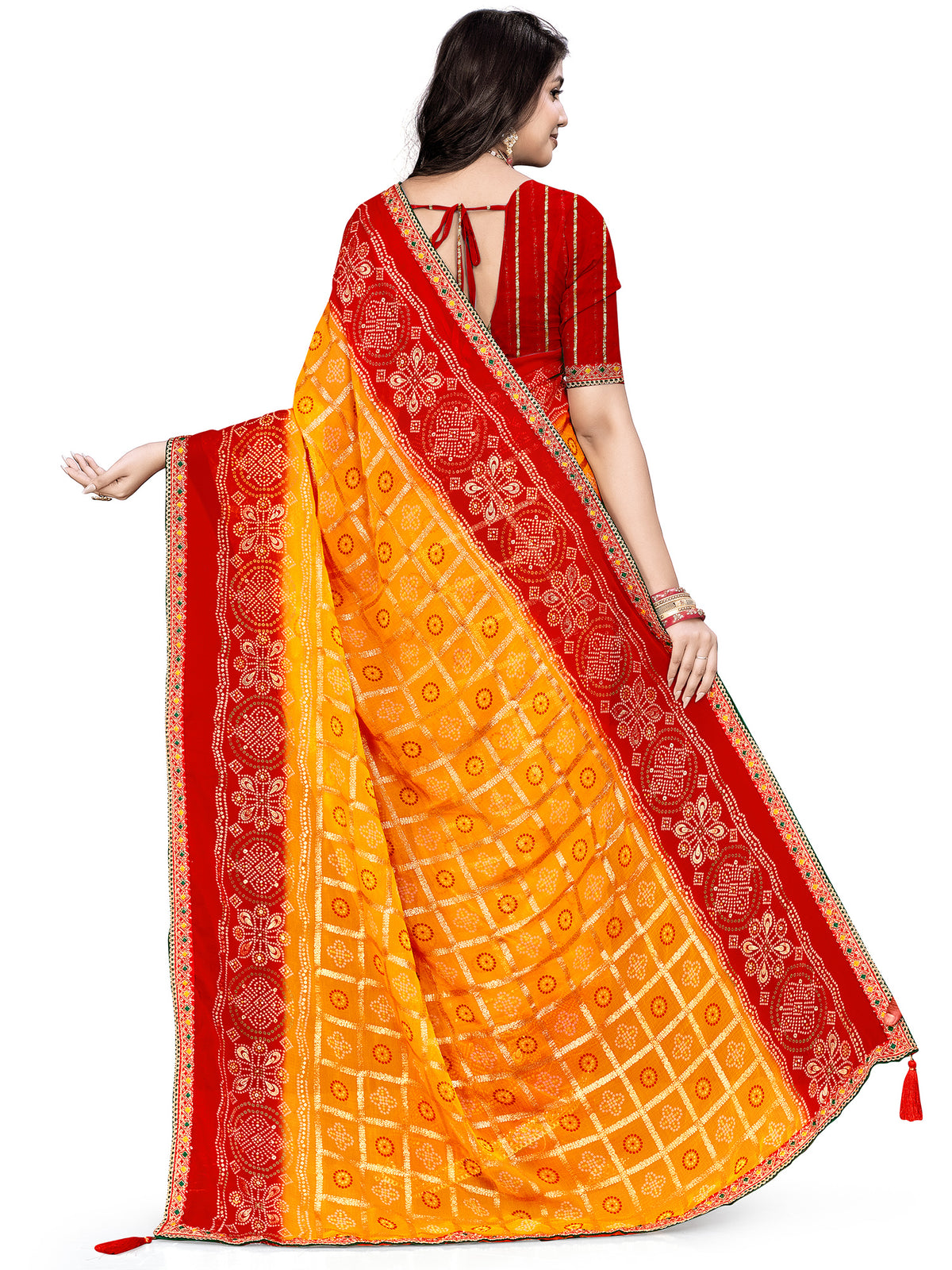 Women's Georgette Bandhani Print Saree With Unstitched Blouse Piece