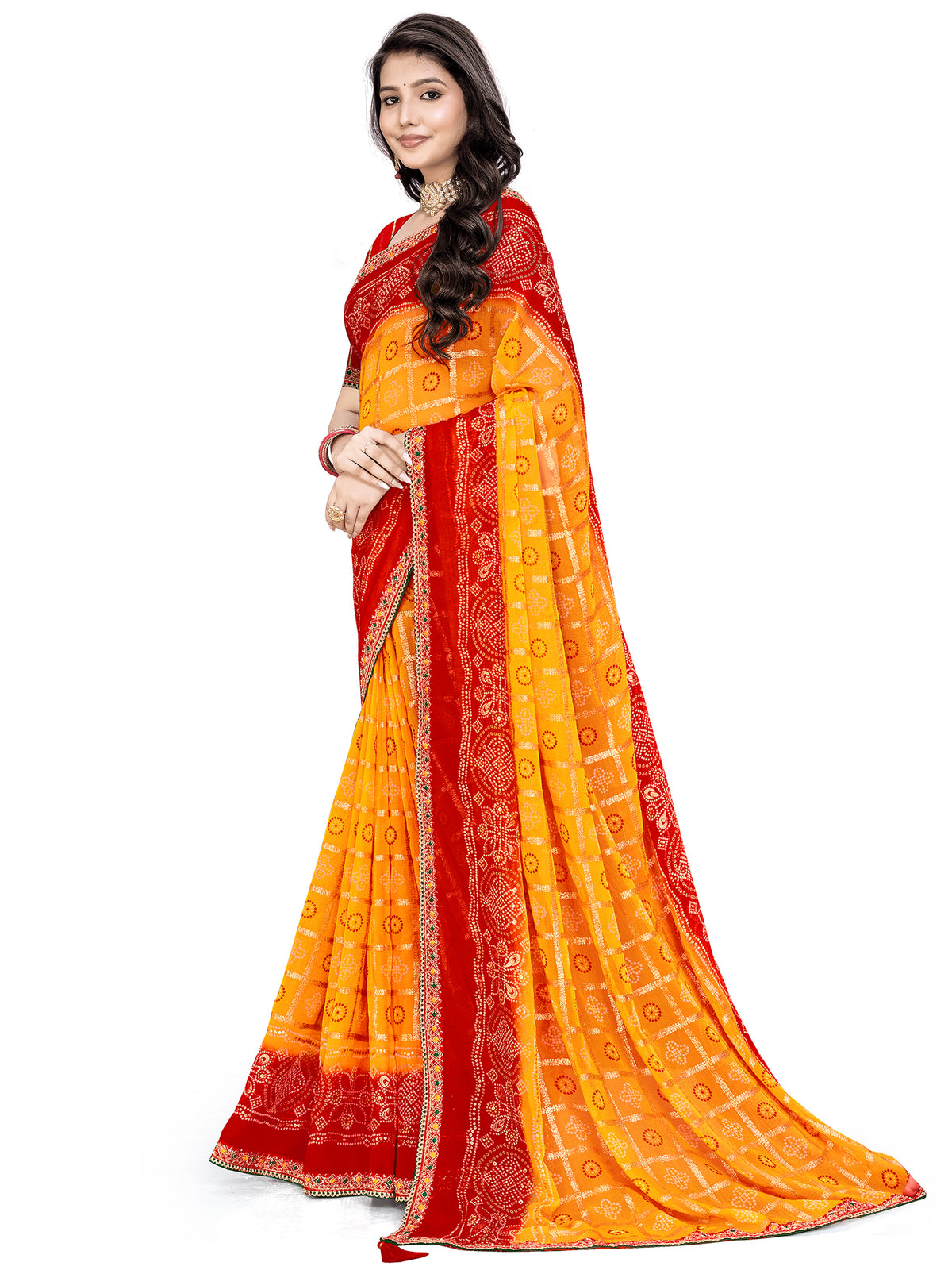 Women's Georgette Bandhani Print Saree With Unstitched Blouse Piece