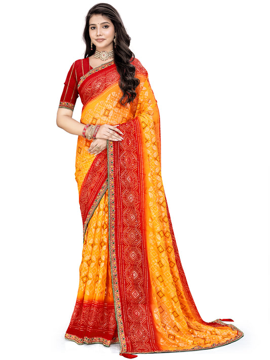 Women's Georgette Bandhani Print Saree With Unstitched Blouse Piece