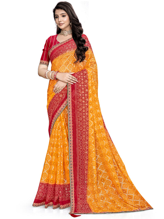 Women's Georgette Bandhani Print Saree With Unstitched Blouse Piece
