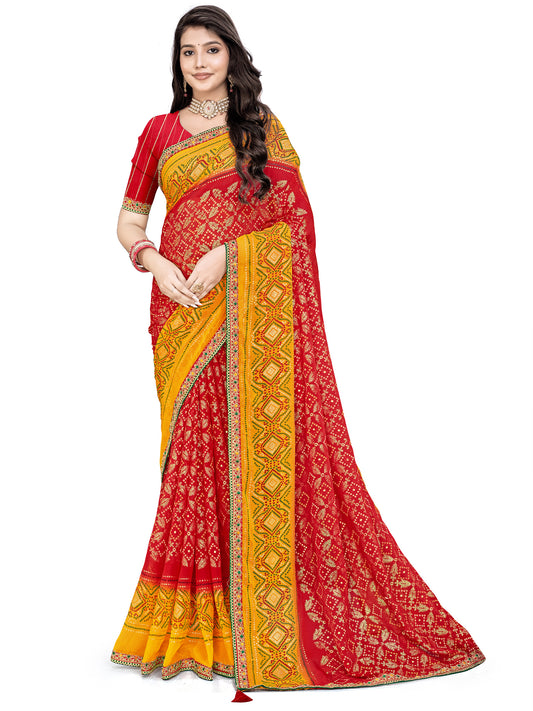 Women's Georgette Bandhani Print Saree With Unstitched Blouse Piece