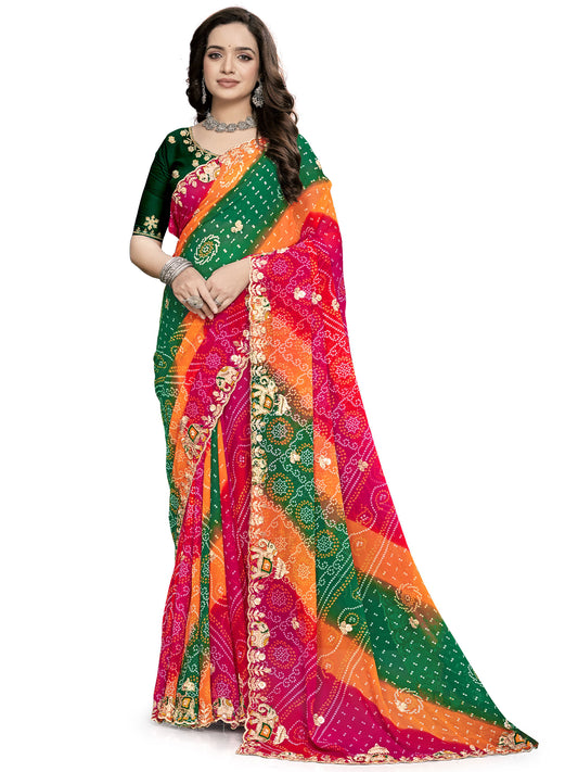 Women's Georgette Bandhani Print Saree With Unstitched Blouse Piece