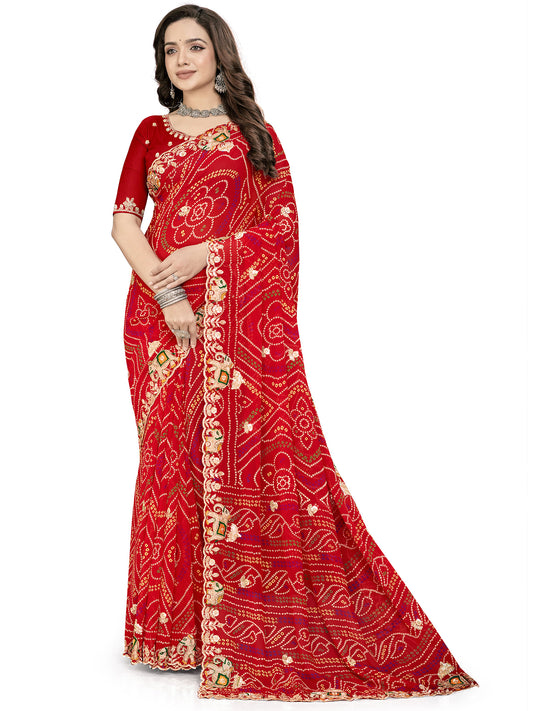 Women's Georgette Bandhani Print Saree With Unstitched Blouse Piece