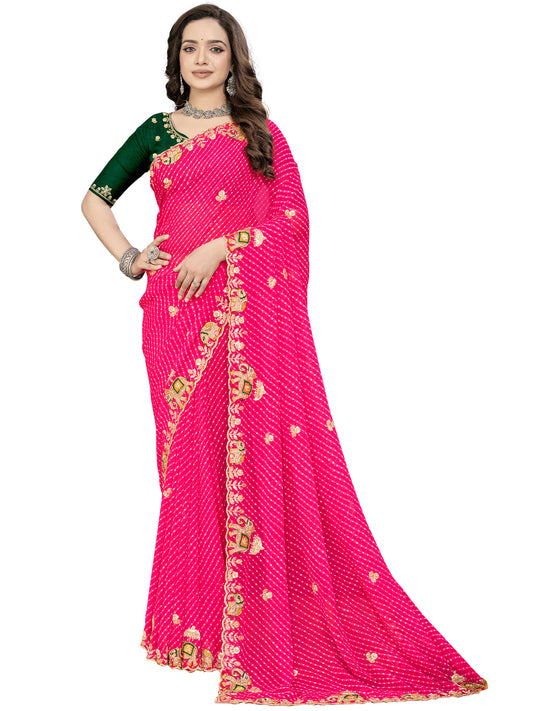 Women's Georgette Bandhani Print Saree With Unstitched Blouse Piece