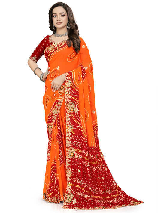 Women's Georgette Bandhani Print Saree With Unstitched Blouse Piece