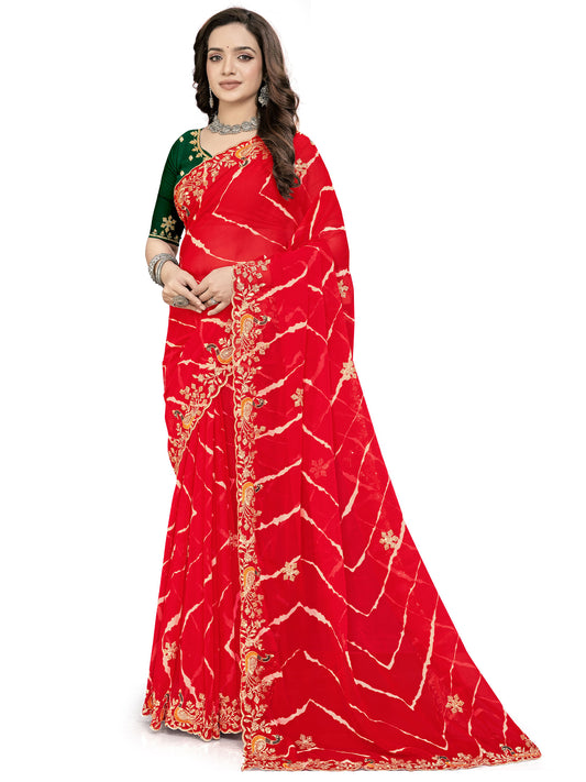 Women's Georgette Bandhani Print Saree With Unstitched Blouse Piece