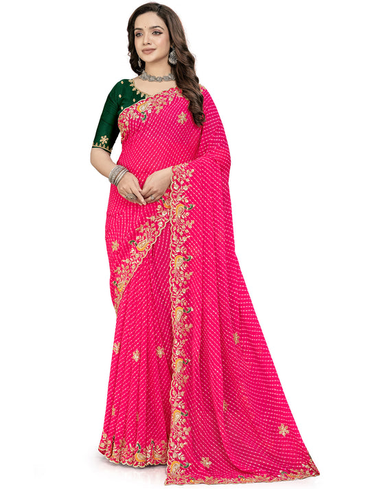 Women's Georgette Bandhani Print Saree With Unstitched Blouse Piece