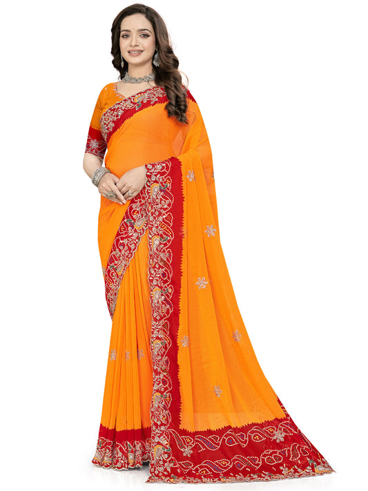 Women's Georgette Bandhani Print Saree With Unstitched Blouse Piece