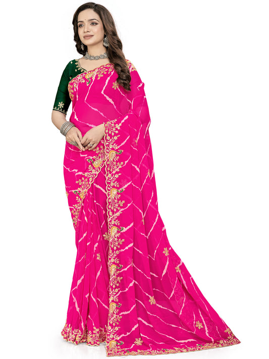 Women's Georgette Bandhani Print Saree With Unstitched Blouse Piece