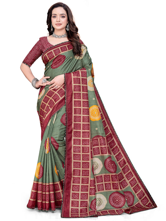 Women's Dola Silk Bandhani Print Saree With Unstitched Blouse Piece