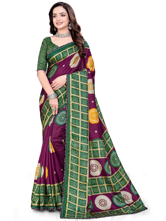 Women's Dola Silk Bandhani Print Saree With Unstitched Blouse Piece