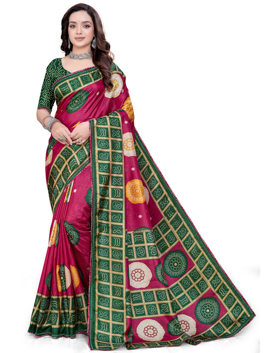 Women's Dola Silk Bandhani Print Saree With Unstitched Blouse Piece