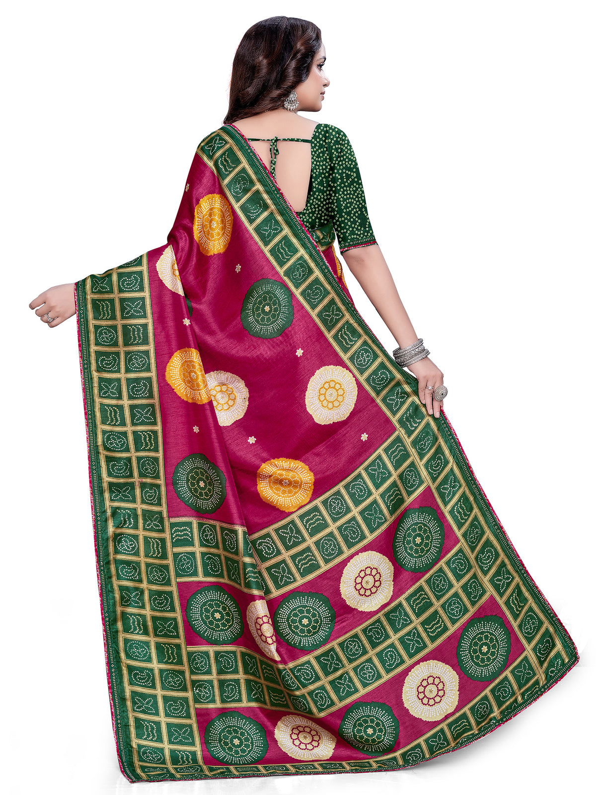 Women's Dola Silk Bandhani Print Saree With Unstitched Blouse Piece