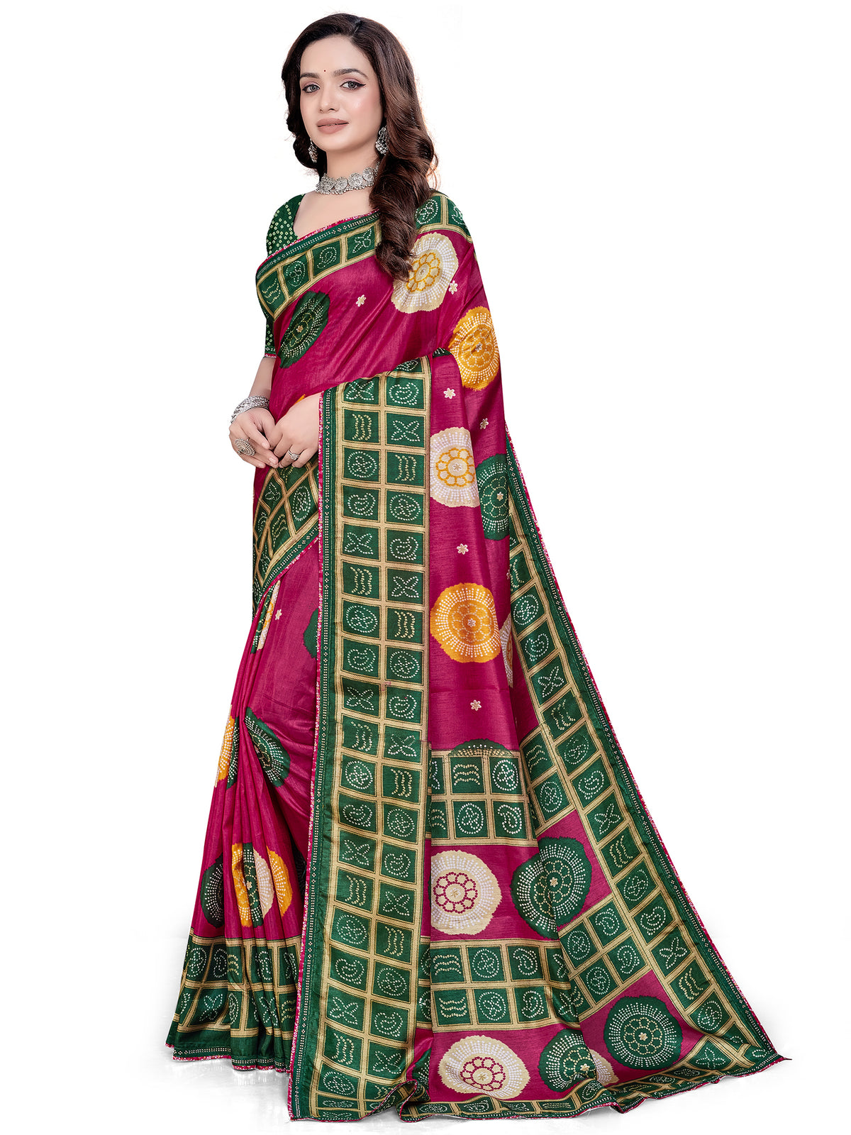 Women's Dola Silk Bandhani Print Saree With Unstitched Blouse Piece