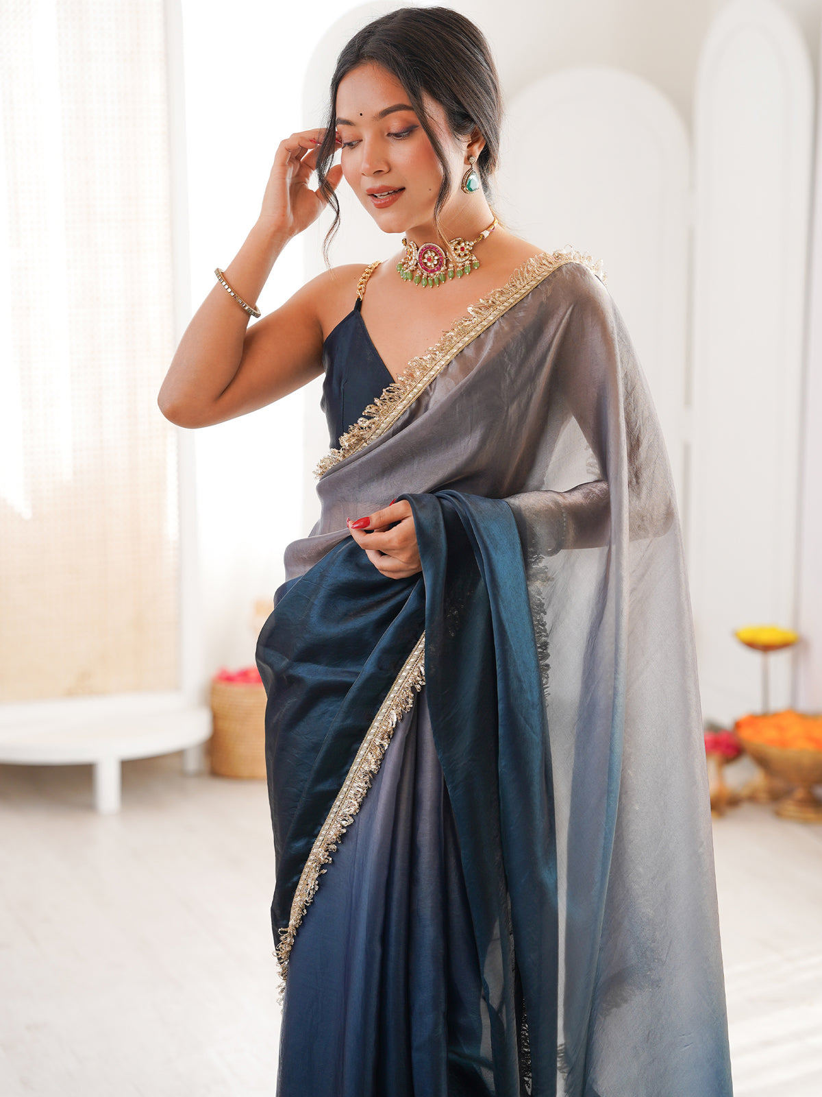 Women's Fendy Satin Saree With Unstitched Blouse Piece