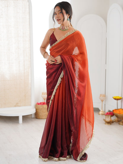 Women's Fendy Satin Saree With Unstitched Blouse Piece