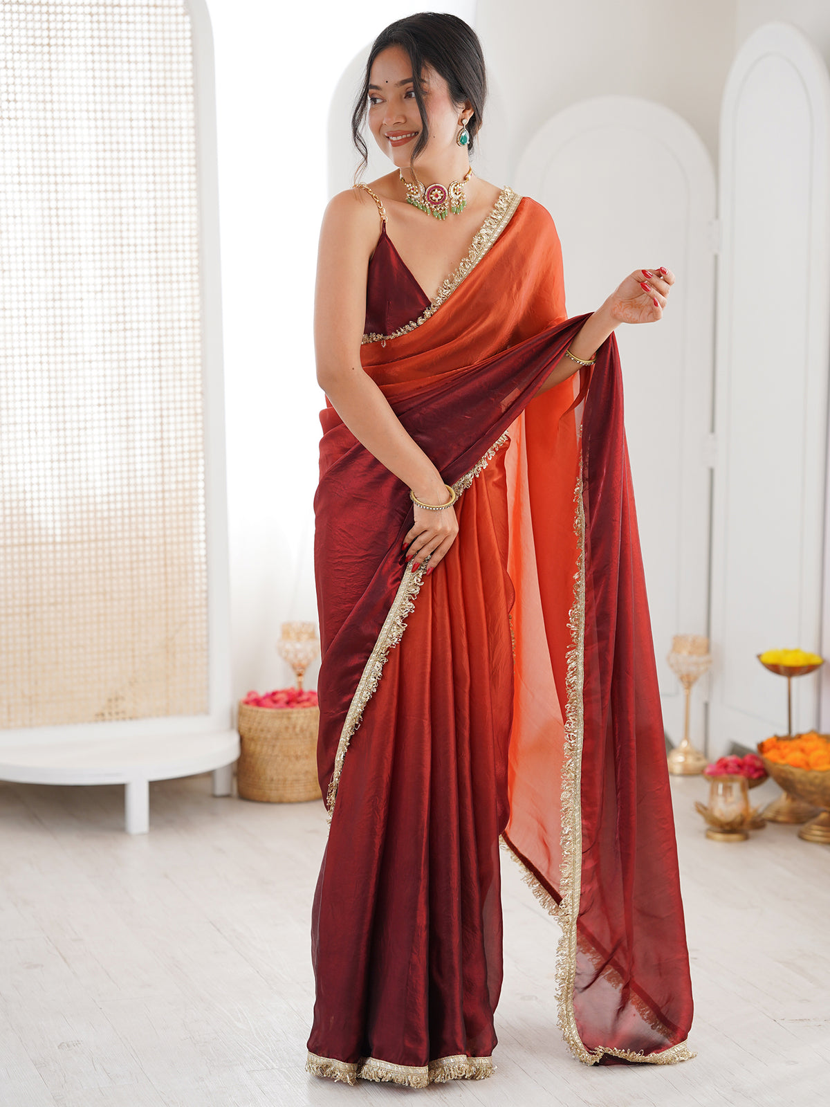 Women's Fendy Satin Saree With Unstitched Blouse Piece