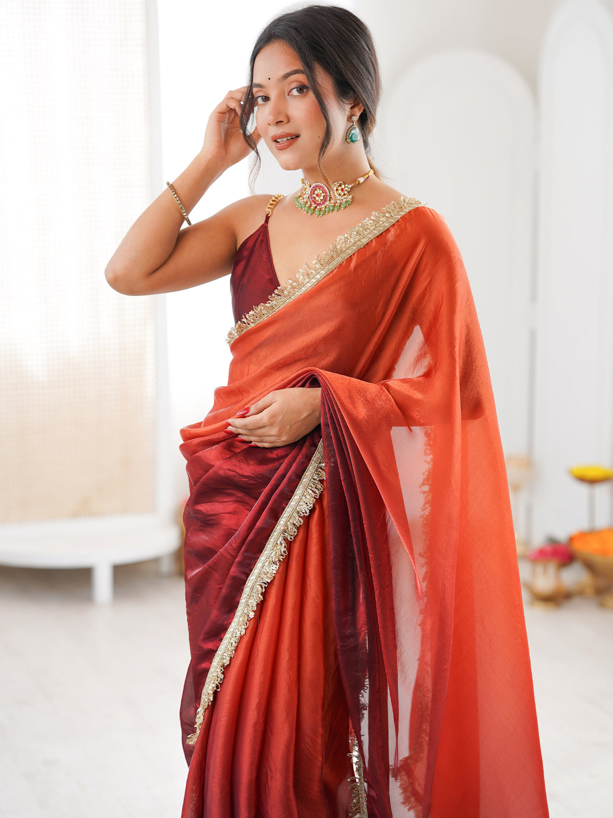 Women's Fendy Satin Saree With Unstitched Blouse Piece