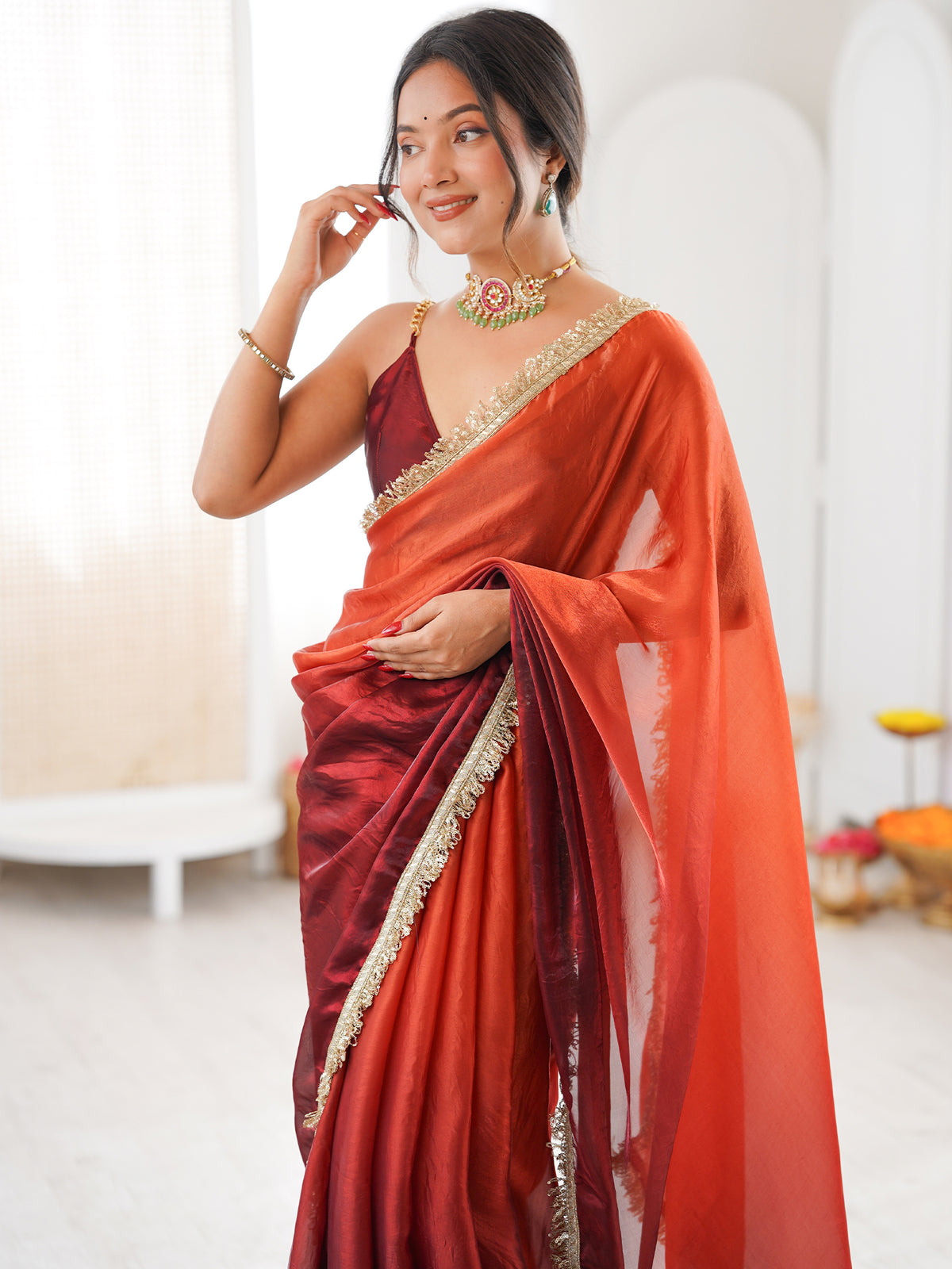 Women's Fendy Satin Saree With Unstitched Blouse Piece
