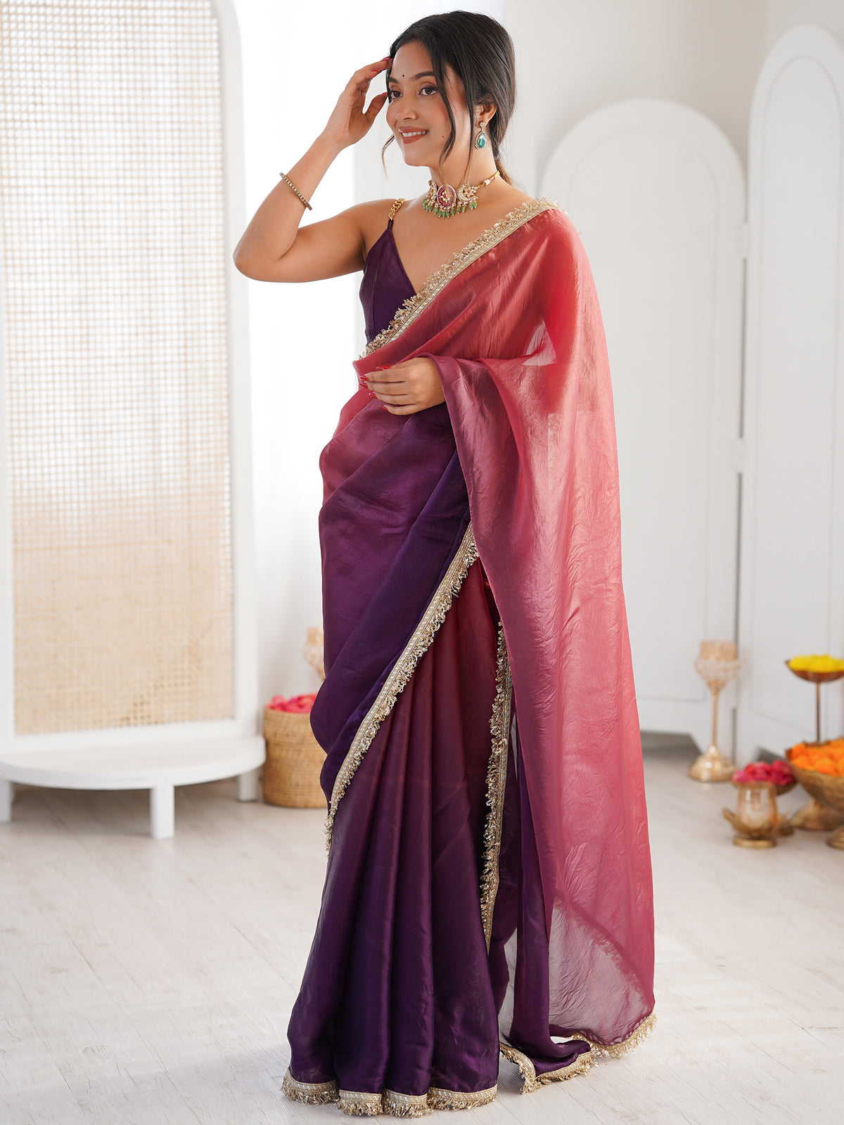Women's Fendy Satin Saree With Unstitched Blouse Piece