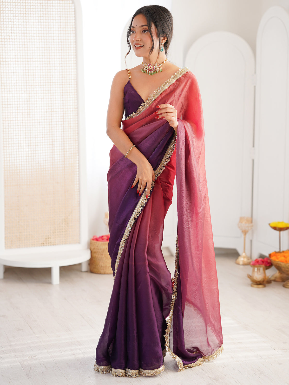 Women's Fendy Satin Saree With Unstitched Blouse Piece