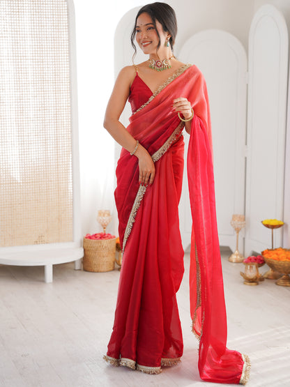Women's Fendy Satin Saree With Unstitched Blouse Piece