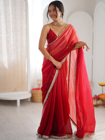 Women's Fendy Satin Saree With Unstitched Blouse Piece