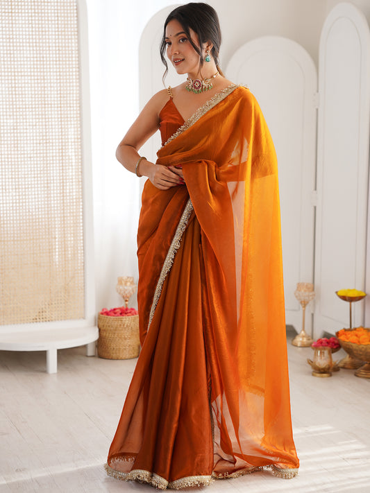 Women's Fendy Satin Saree With Unstitched Blouse Piece