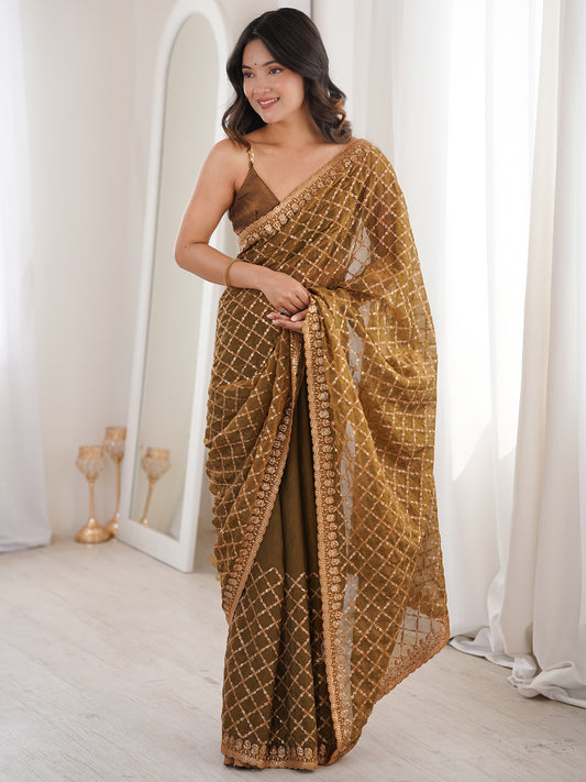 Women's Chiffon Embroidery Work Saree With Unstitched Blouse Piece