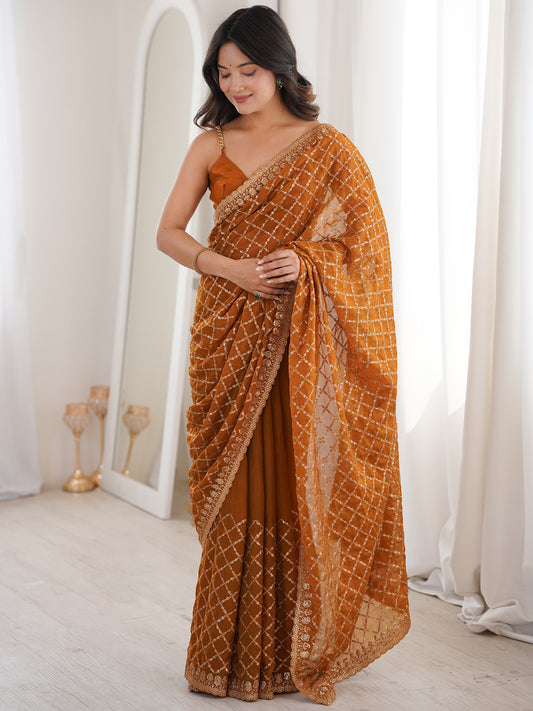 Women's Chiffon Embroidery Work Saree With Unstitched Blouse Piece