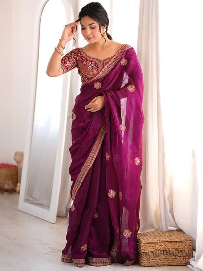 Women's Fendy Satin Saree With Unstitched Blouse Piece