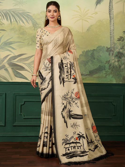 Women's Tussar Silk Digital Print Saree With Unstitched Blouse Piece