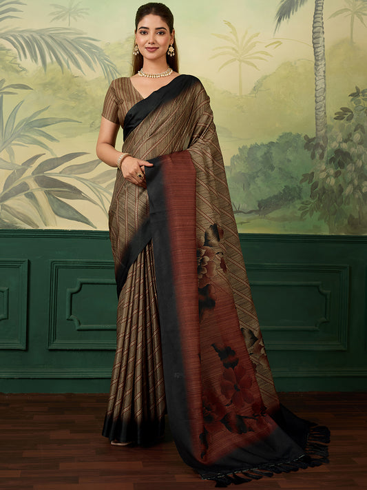 Women's Tussar Silk Digital Print Saree With Unstitched Blouse Piece