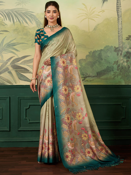Women's Tussar Silk Digital Print Saree With Unstitched Blouse Piece