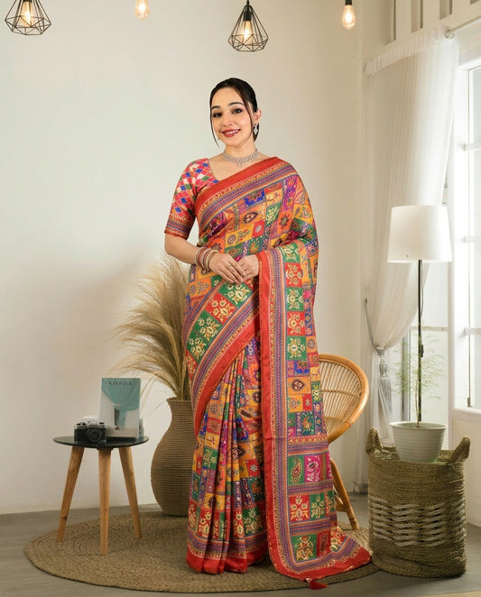 Women's Satin Crepe Ajrakh Print Saree With Unstitched Blouse Piece