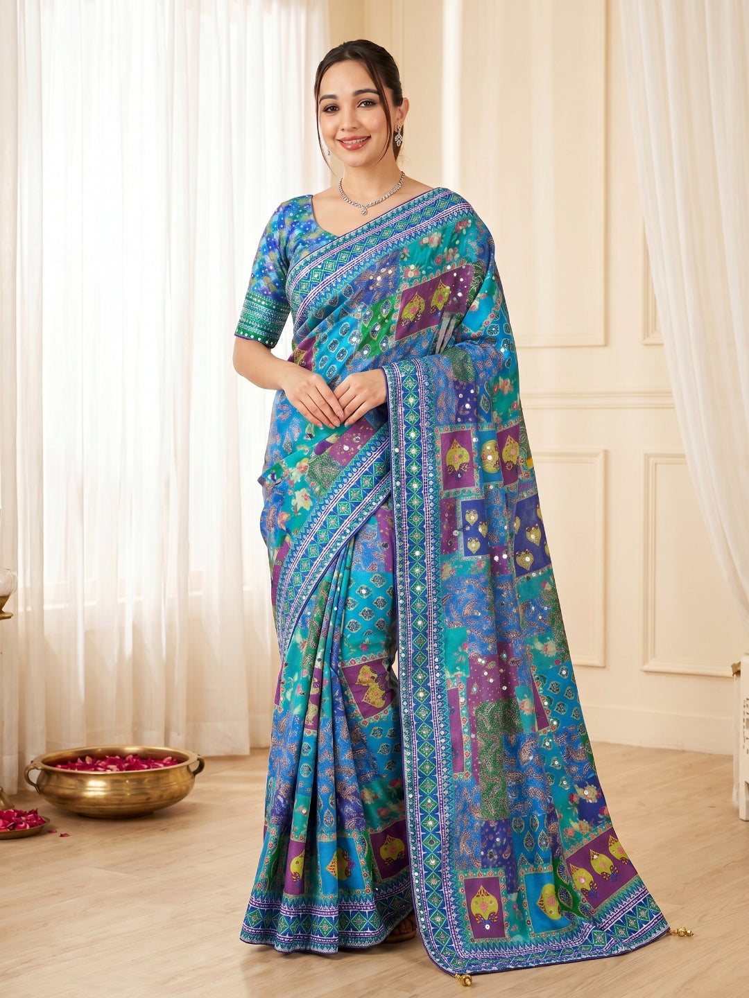 Women's Chinon Ajrakh Print Saree With Unstitched Blouse Piece