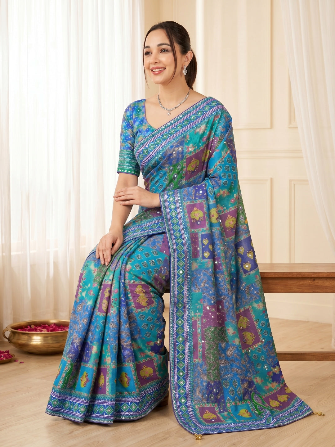 Women's Chinon Ajrakh Print Saree With Unstitched Blouse Piece