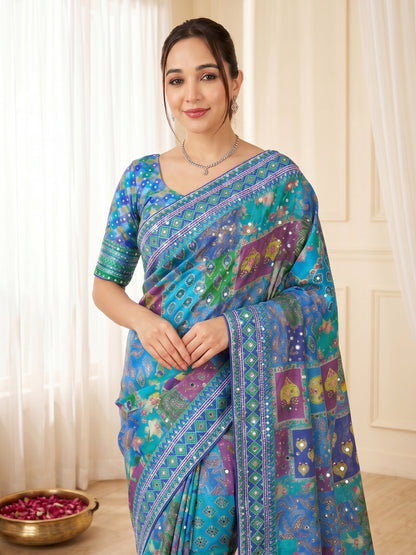 Women's Chinon Ajrakh Print Saree With Unstitched Blouse Piece